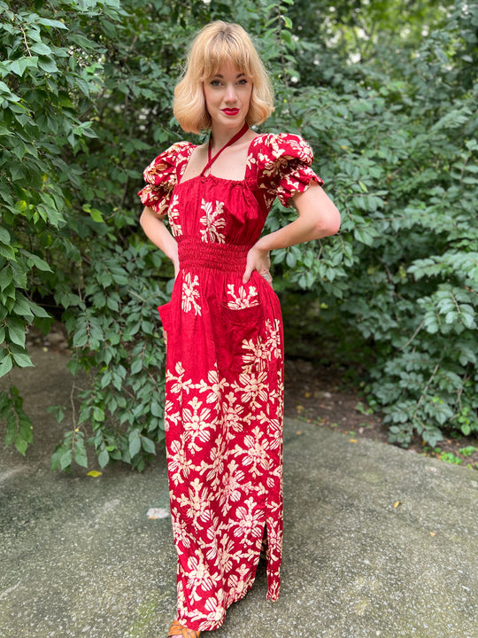 Vintage 70s Burgundy Indian Batik Cotton Maxi Dress