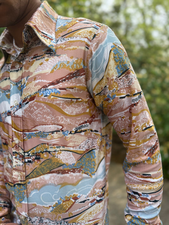 Men's 70s Brown Blue Nylon Disco Shirt, Country Scene