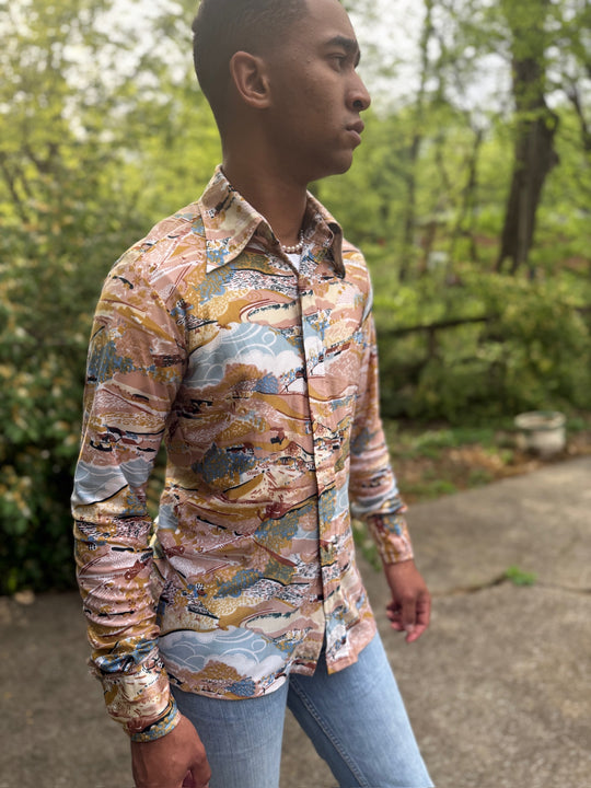 Men's 70s Brown Blue Nylon Disco Shirt, Country Scene