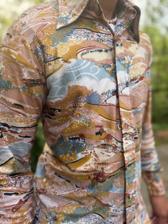 Men's 70s Brown Blue Nylon Disco Shirt, Country Scene