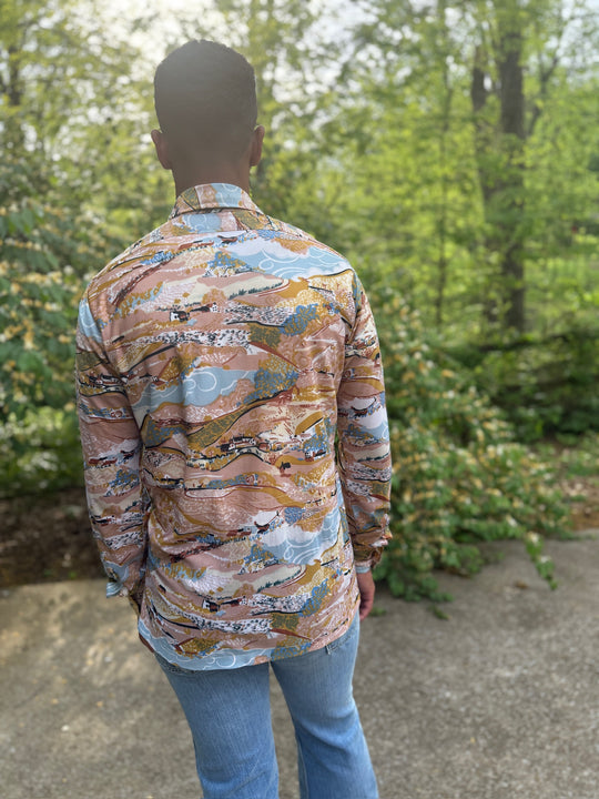 Men's 70s Brown Blue Nylon Disco Shirt, Country Scene