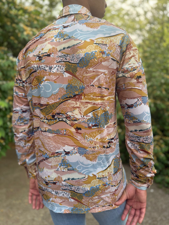 Men's 70s Brown Blue Nylon Disco Shirt, Country Scene