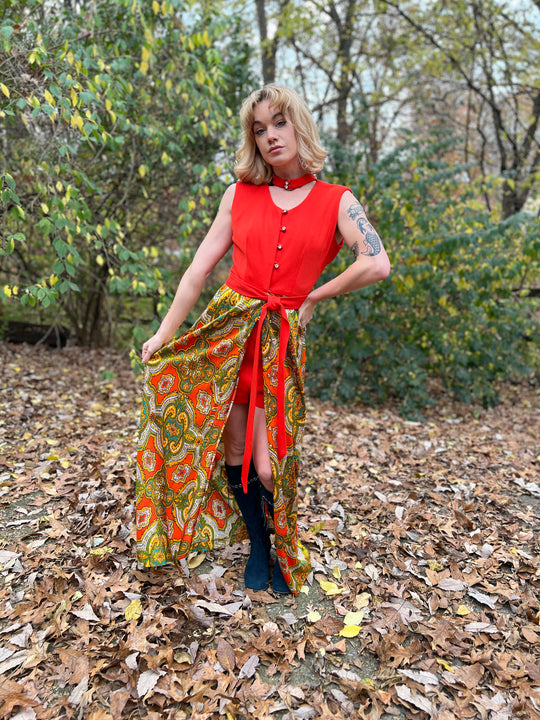 60s Vintage Orange Gold Nylon Paisley print Maxi Dress, Shorts Set