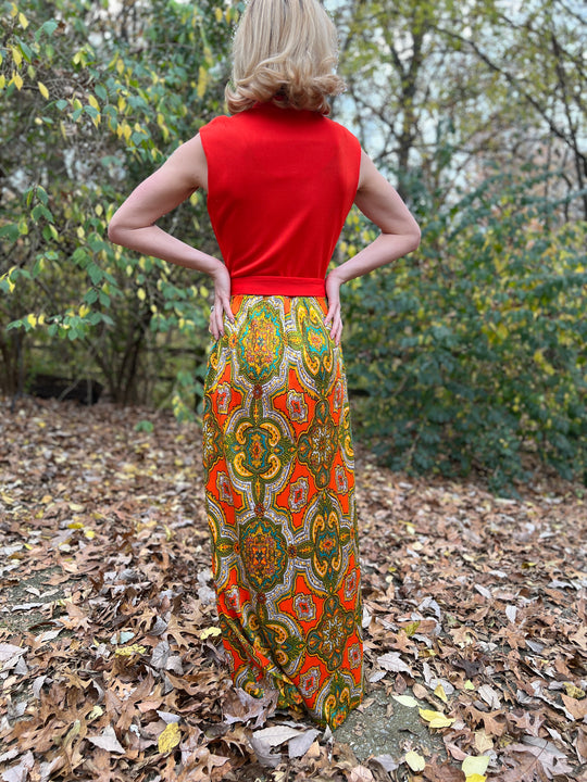 60s Vintage Orange Gold Nylon Paisley print Maxi Dress, Shorts Set