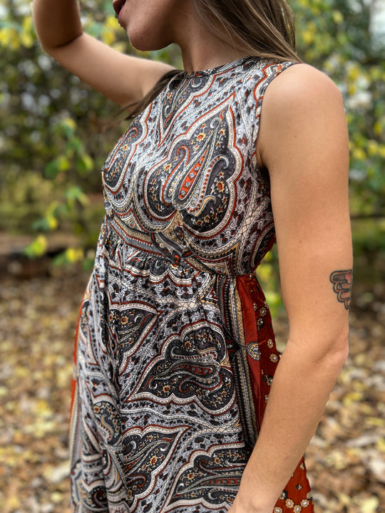 60s Vintage Gray Brown Paisley Wide Leg Jumpsuit, Denise L.