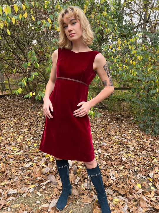 60s Vintage Red Velvet Dress with Beading, Saks Fifth Avenue