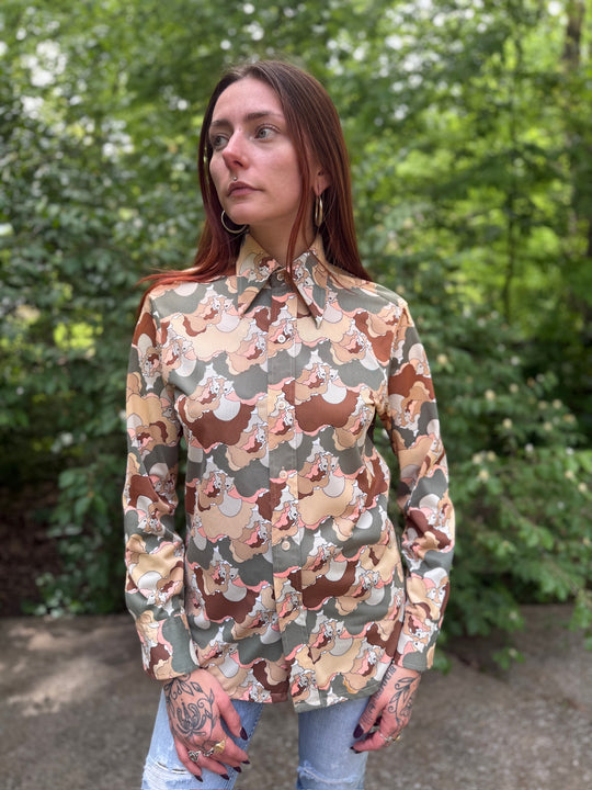 70s Brown Green Nylon Disco Shirt with Faces, Male Duds