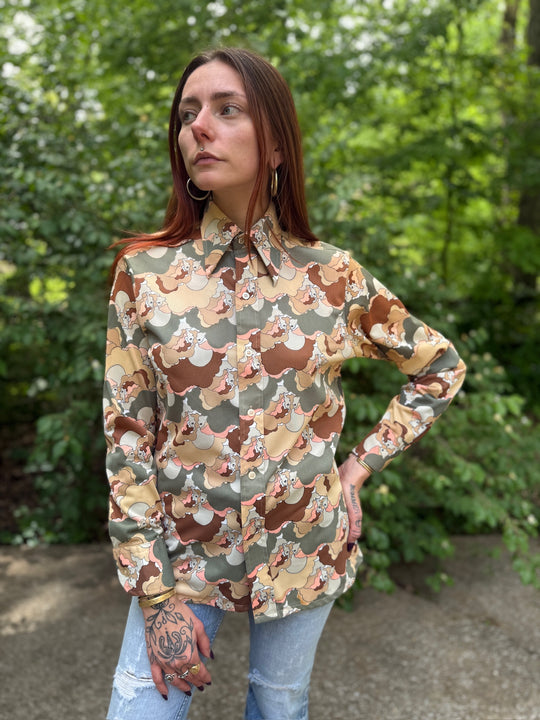 70s Brown Green Nylon Disco Shirt with Faces, Male Duds