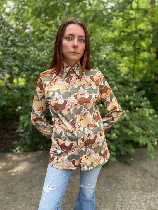 70s Brown Green Nylon Disco Shirt with Faces, Male Duds