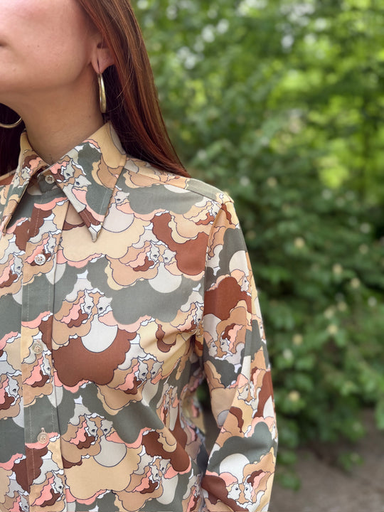 70s Brown Green Nylon Disco Shirt with Faces, Male Duds