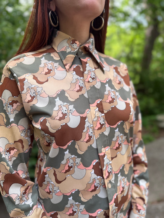 70s Brown Green Nylon Disco Shirt with Faces, Male Duds