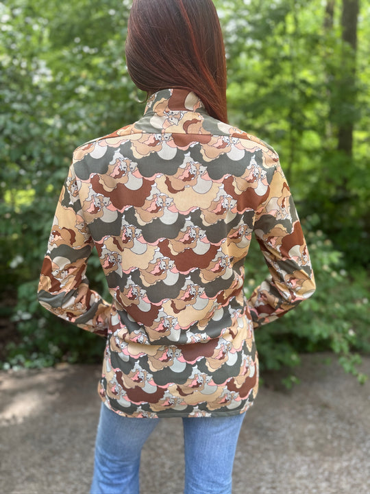 70s Brown Green Nylon Disco Shirt with Faces, Male Duds