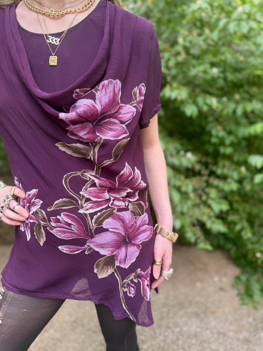 90s Purple Crepe Floral Blouse, Renee Derby