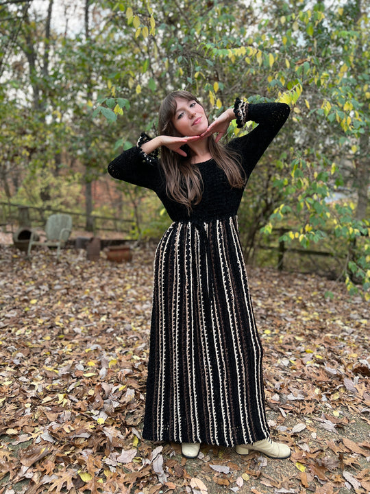 70s Brown Black Chenille Crocheted Vintage Maxi Dress