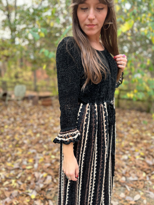 70s Brown Black Chenille Crocheted Vintage Maxi Dress
