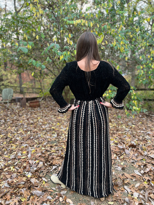 70s Brown Black Chenille Crocheted Vintage Maxi Dress