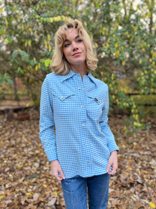 Vintage 70s Blue Plaid Knit Western Shirt, Lee