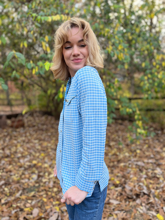 Vintage 70s Blue Plaid Knit Western Shirt, Lee
