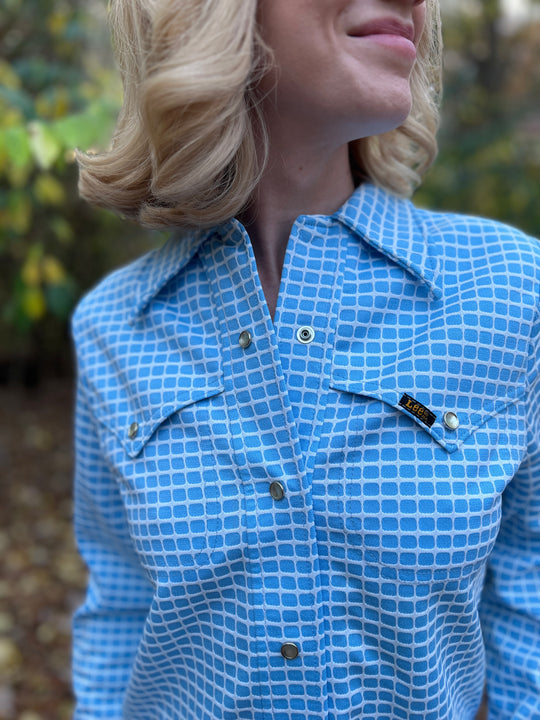 Vintage 70s Blue Plaid Knit Western Shirt, Lee