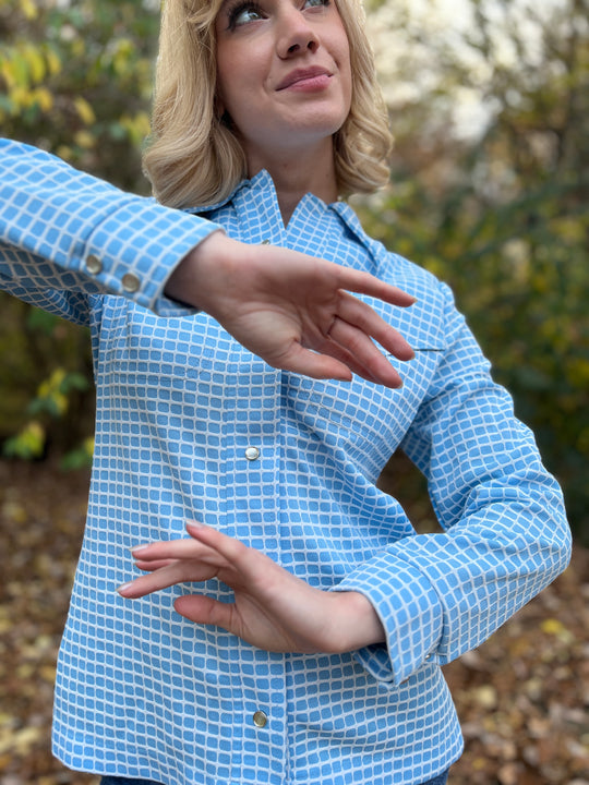 Vintage 70s Blue Plaid Knit Western Shirt, Lee