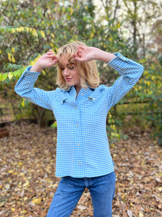 Vintage 70s Blue Plaid Knit Western Shirt, Lee
