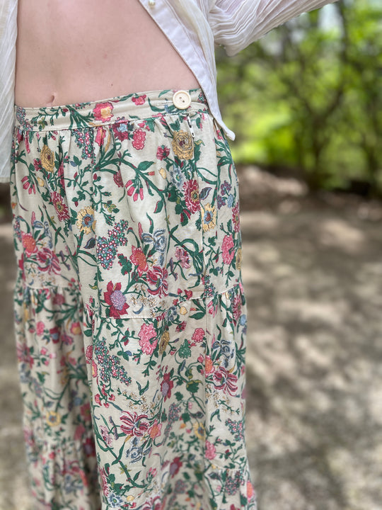 70s Vintage Pink Green Floral Cotton Prairie Skirt