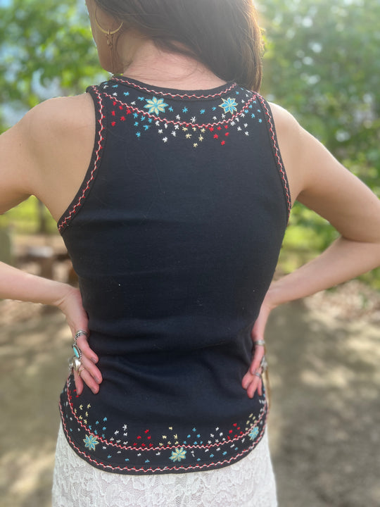 70s Vintage Black Embroidered Cotton Knit Tank Top