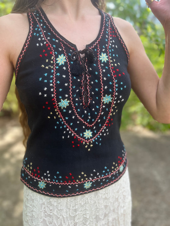 70s Vintage Black Embroidered Cotton Knit Tank Top