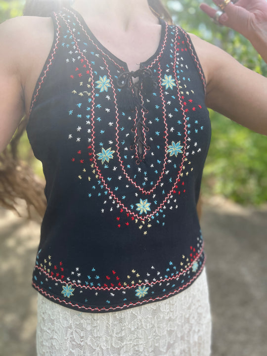 70s Vintage Black Embroidered Cotton Knit Tank Top