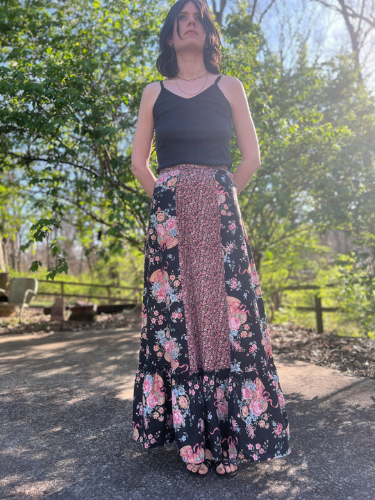 70s Black Floral Prairie Vintage Maxi Skirt
