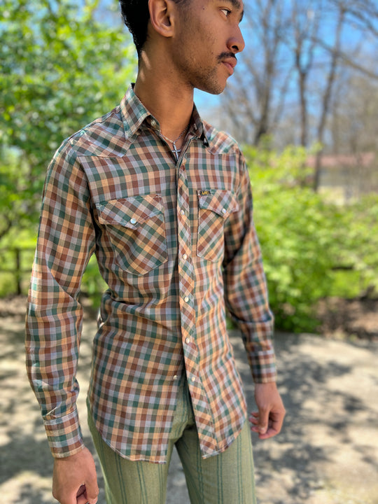 Mens 70s Brown Green Gingham Long Sleeve Western Shirt, Lee