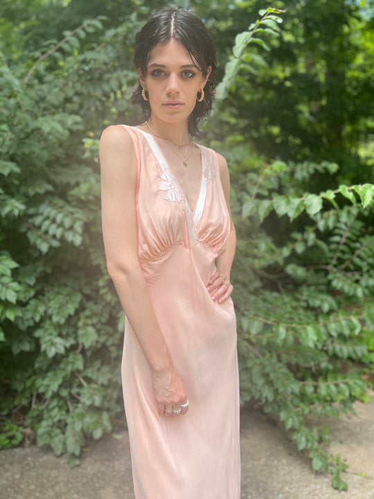 40s Pink Dress Gown with White Embroidered Bows, Barbizon