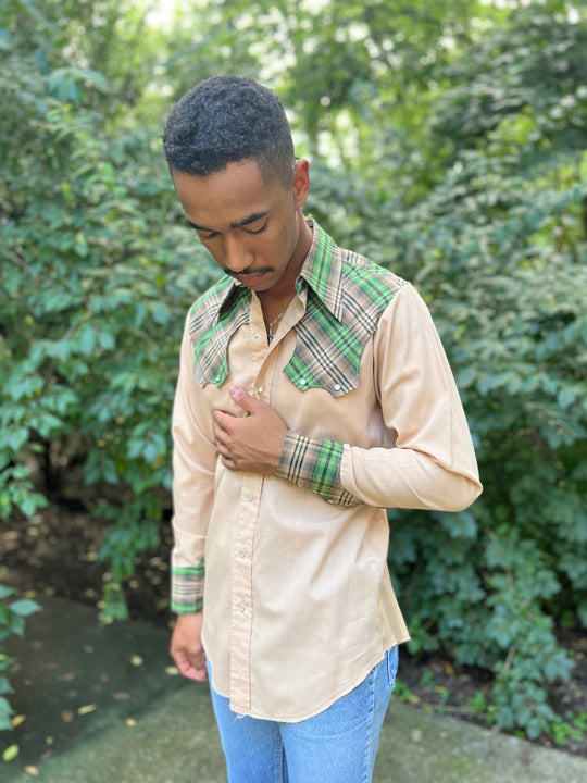 70s Tan Long Sleeve Western Shirt Plaid Yoke, Chute #1