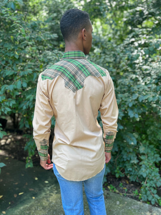 70s Tan Long Sleeve Western Shirt Plaid Yoke, Chute #1