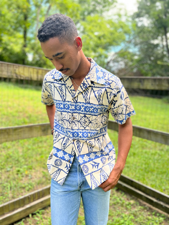 Mens Vintage  70s Blue Tan Aloha Shirt, Island Casuals