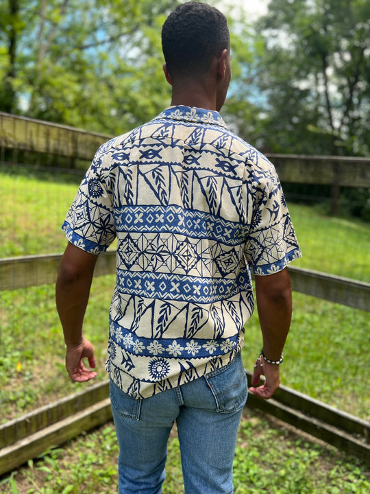 Mens Vintage  70s Blue Tan Aloha Shirt, Island Casuals