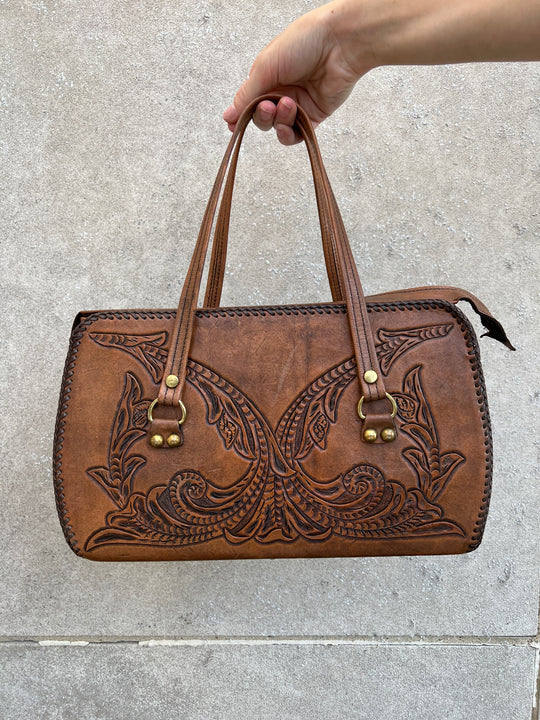 Vintage Simulated Brown Tooled Leather Purse