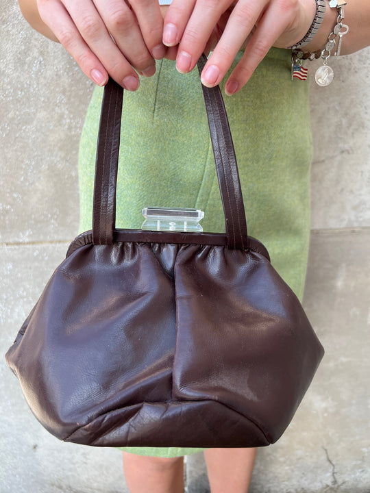 40s Brown Leather Purse, Lucite Clasp