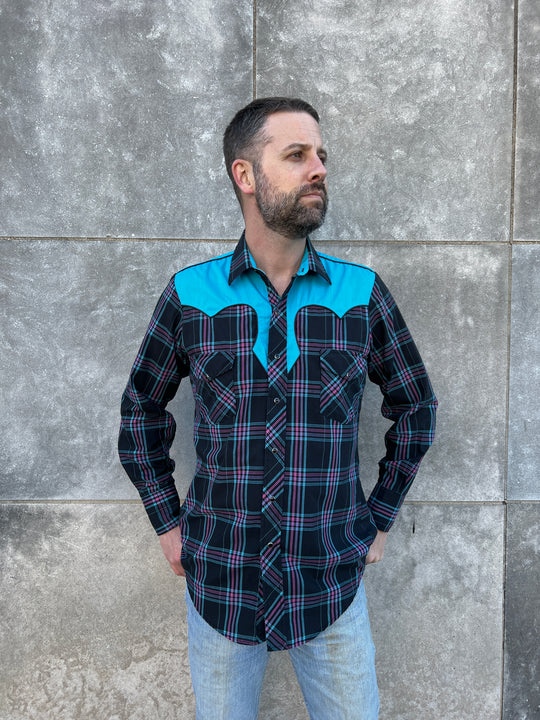 Mens 80s Black Pink Plaid Long Sleeve Western Snap Shirt, Kenny Rogers