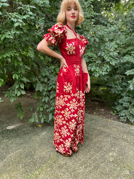 Vintage 70s Burgundy Indian Batik Cotton Maxi Dress