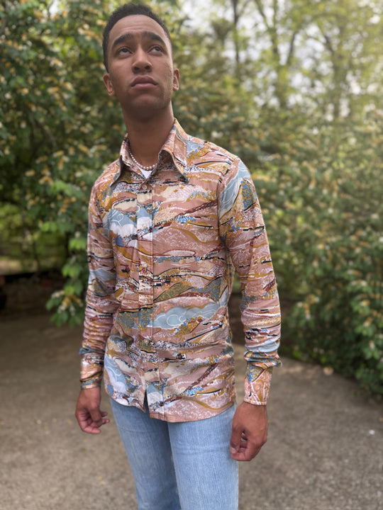 Men's 70s Brown Blue Nylon Disco Shirt, Country Scene