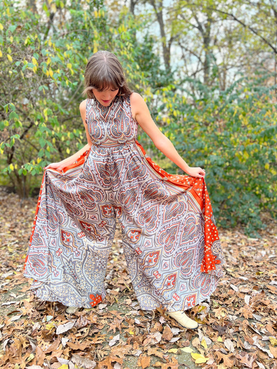 60s Vintage Gray Brown Paisley Wide Leg Jumpsuit, Denise L.