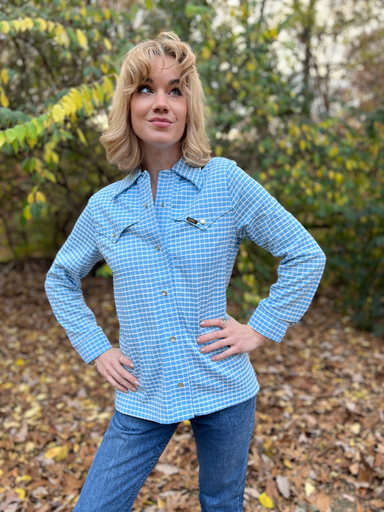 Vintage 70s Blue Plaid Knit Western Shirt, Lee