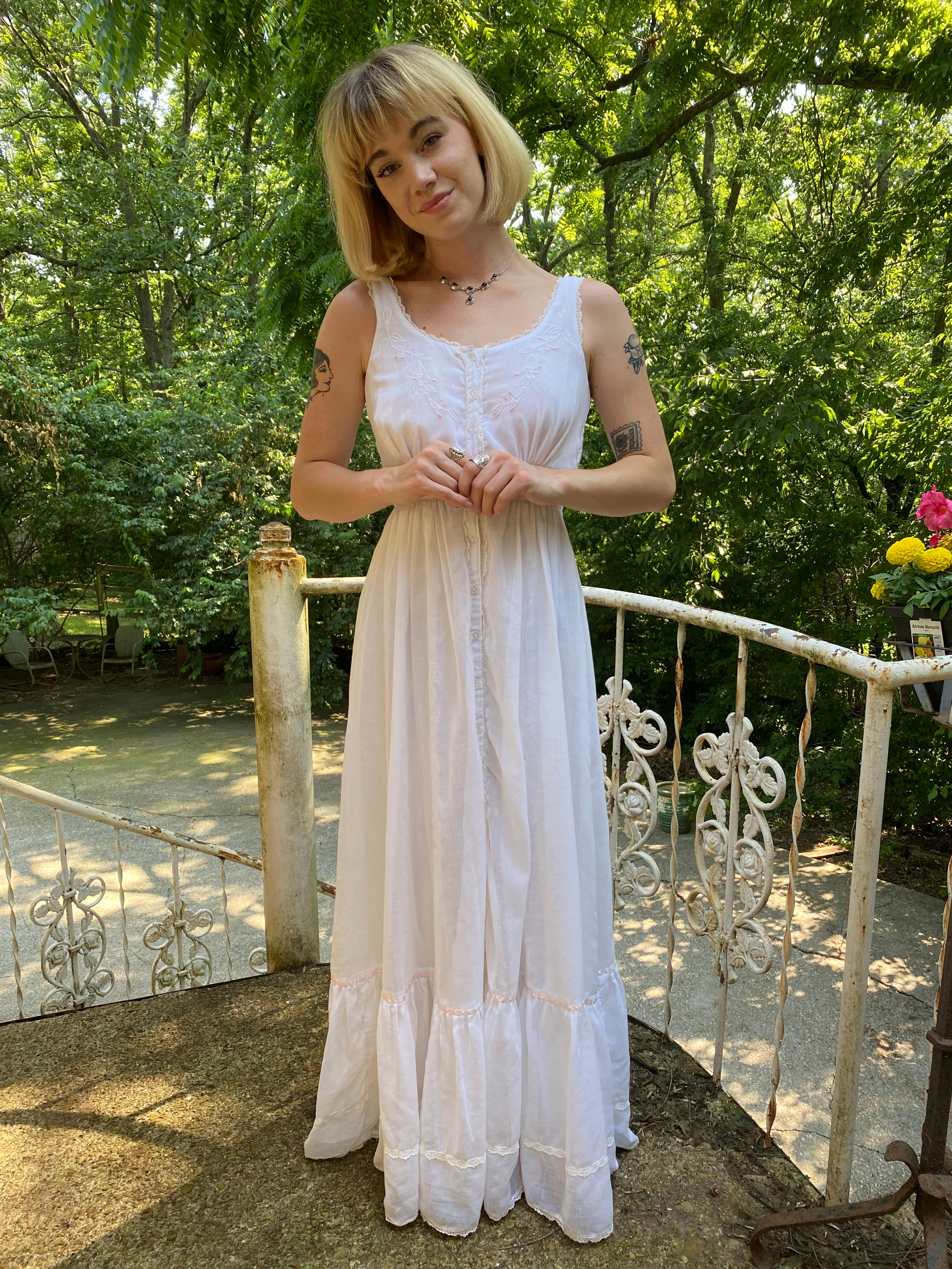 70s White Embroidered Maxi Prairie Dress, Candi Jones of