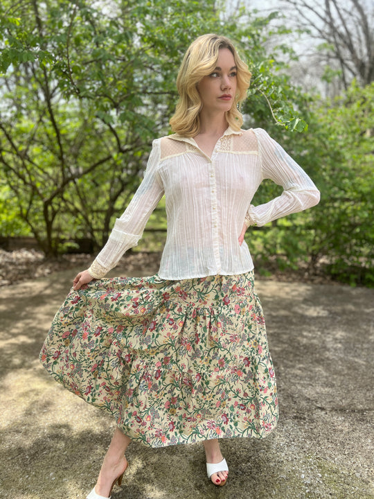 70s Vintage Pink Green Floral Cotton Prairie Skirt