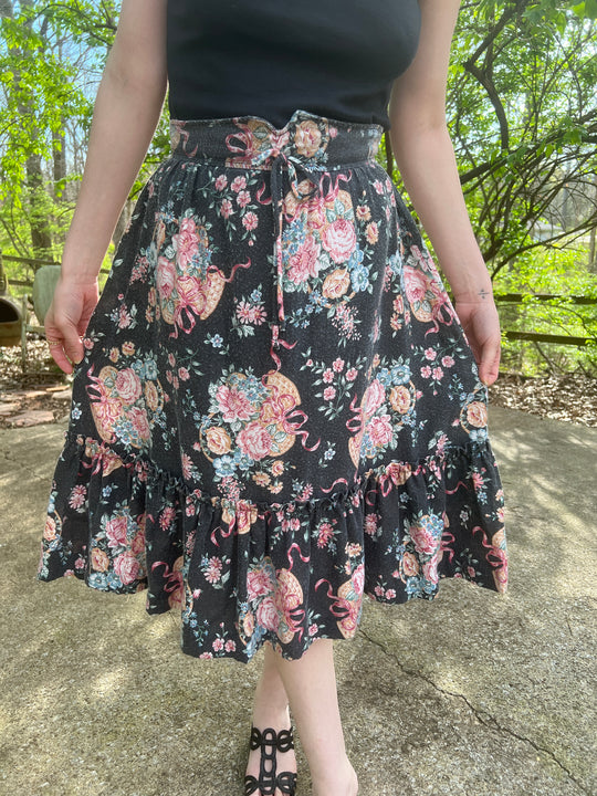 70s Black Pink Floral Cotton Prairie Skirt, Casualaire