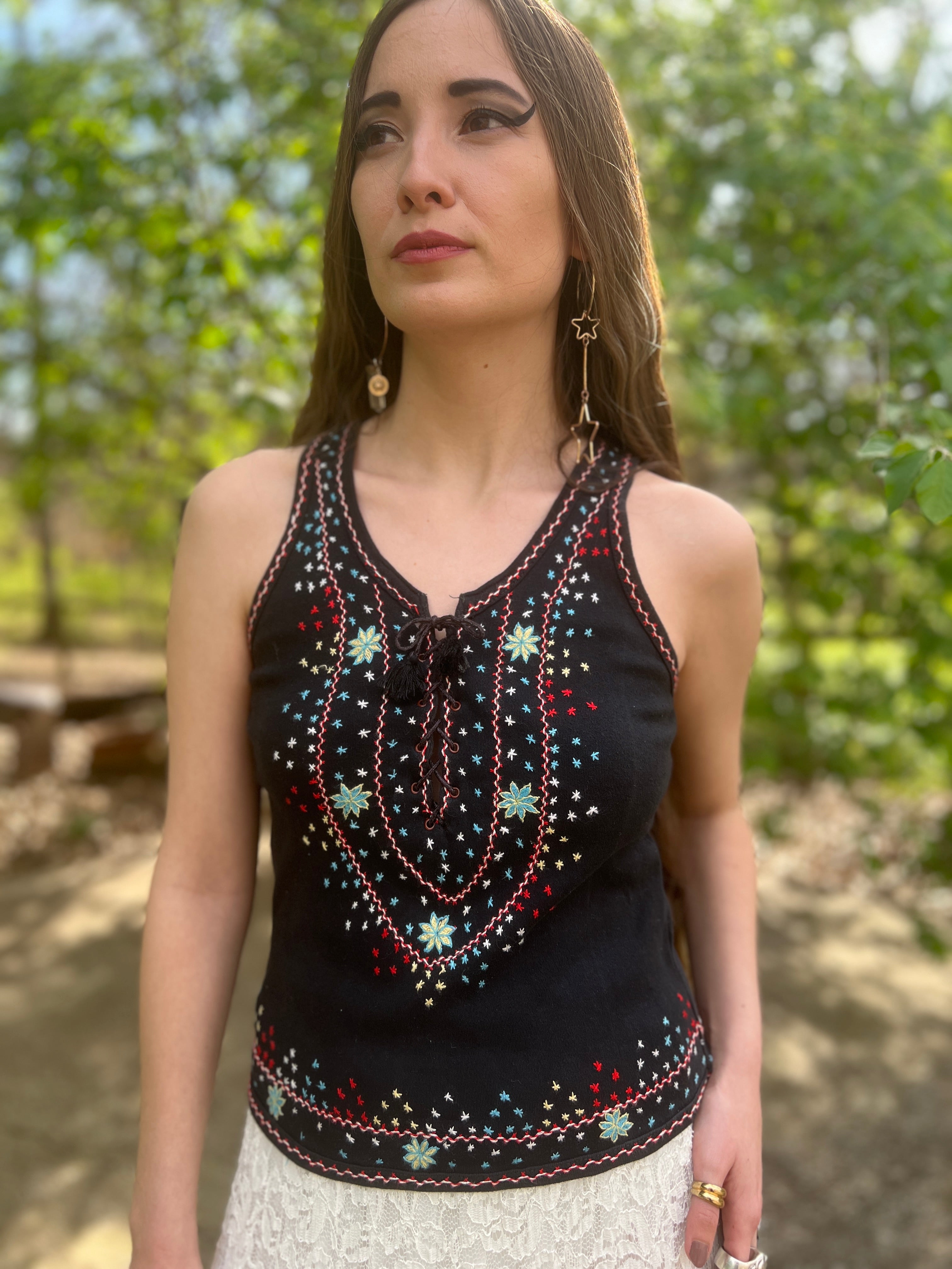 70s Vintage Black Embroidered Cotton Knit Tank Top – The Hip