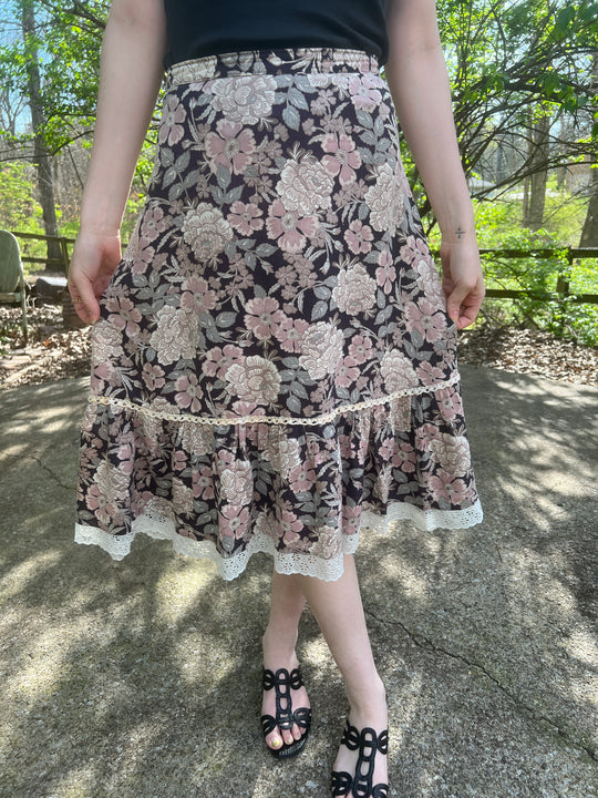 70s Black Pink Floral Rayon Prairie Skirt