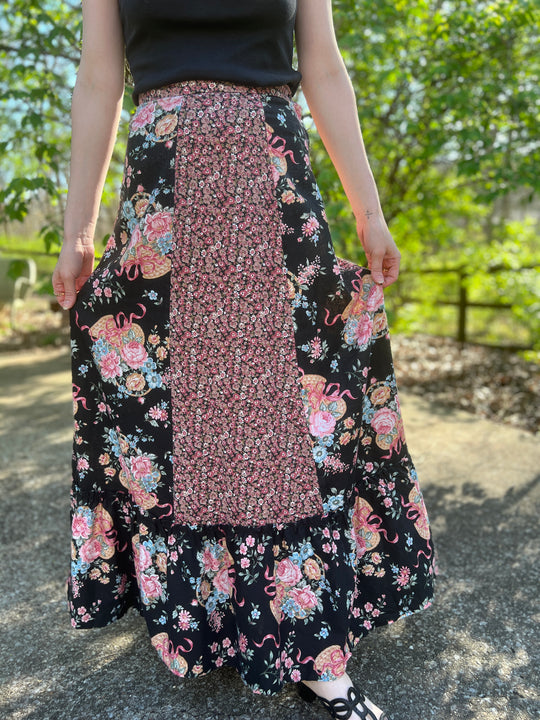 70s Black Floral Prairie Vintage Maxi Skirt