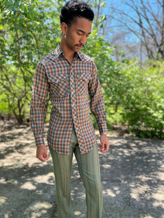 Mens 70s Brown Green Gingham Long Sleeve Western Shirt, Lee